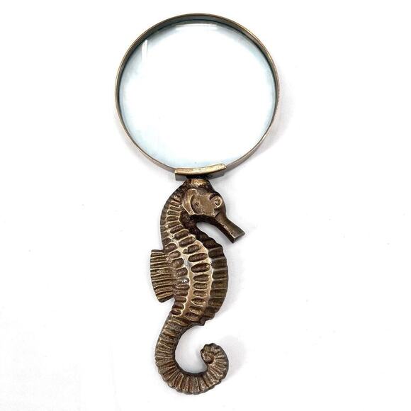 Antiqued Brass Seahorse Magnifying Glass Beach House Nautical Decor 7" - Picture 1 of 4